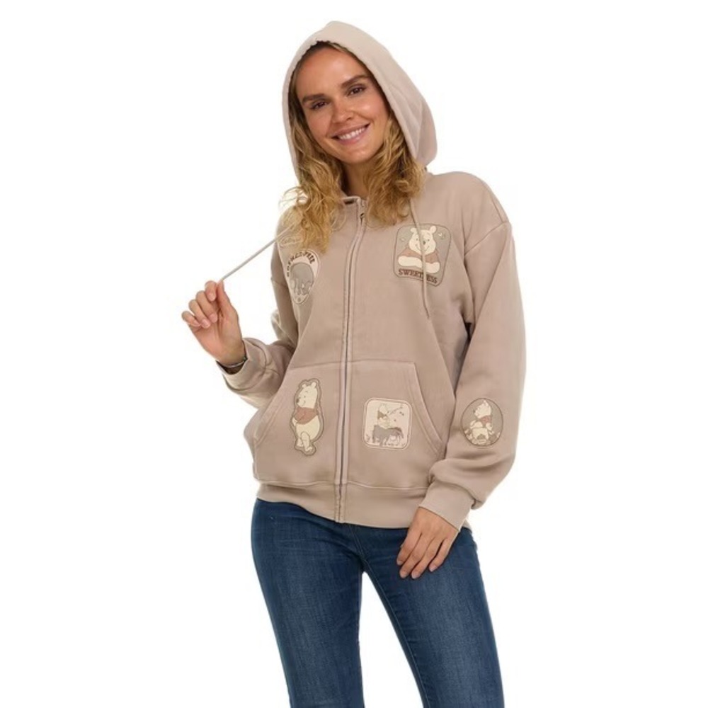 Disney Winnie the Pooh Multi Patch Full Zip Hoodie Cream Tan XS New